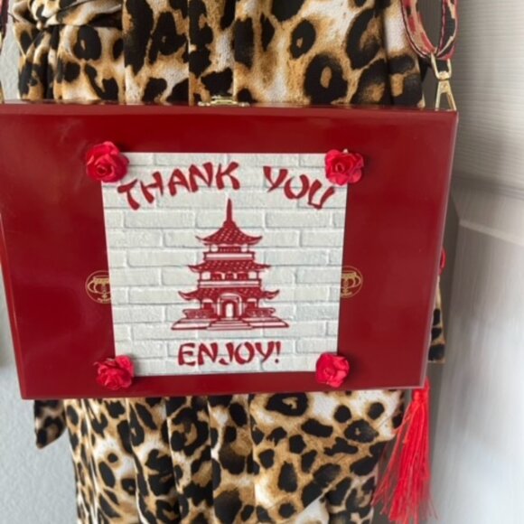 Chinese Take-Out - Red Cigar Box Purse w/Boho Adjustable Animal Print CrossBody - Picture 3 of 9